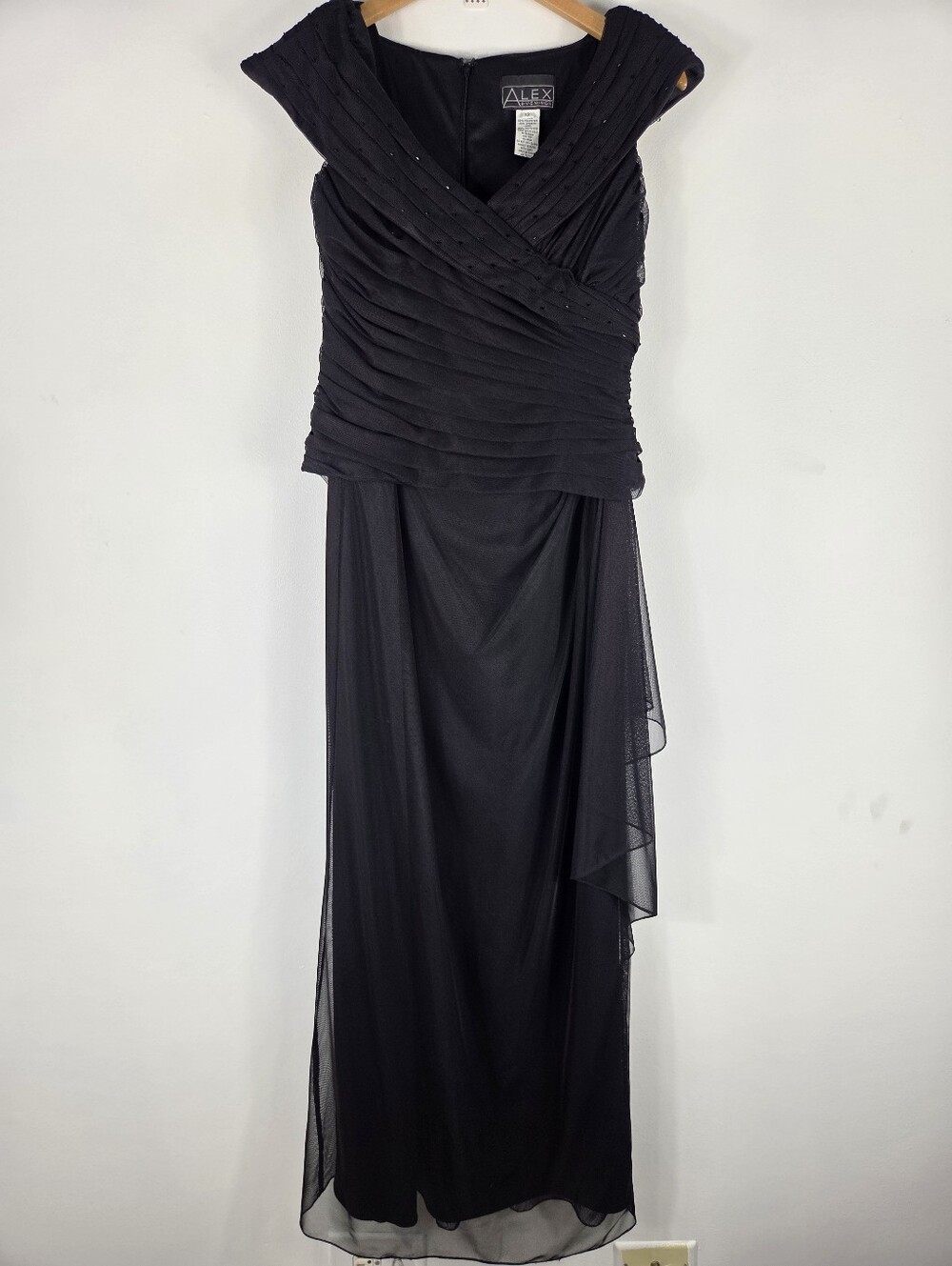 Alex Evenings Faux Wrap Ruched Mesh Overlay Cap Sleeve Beaded Maxi Gown Dress